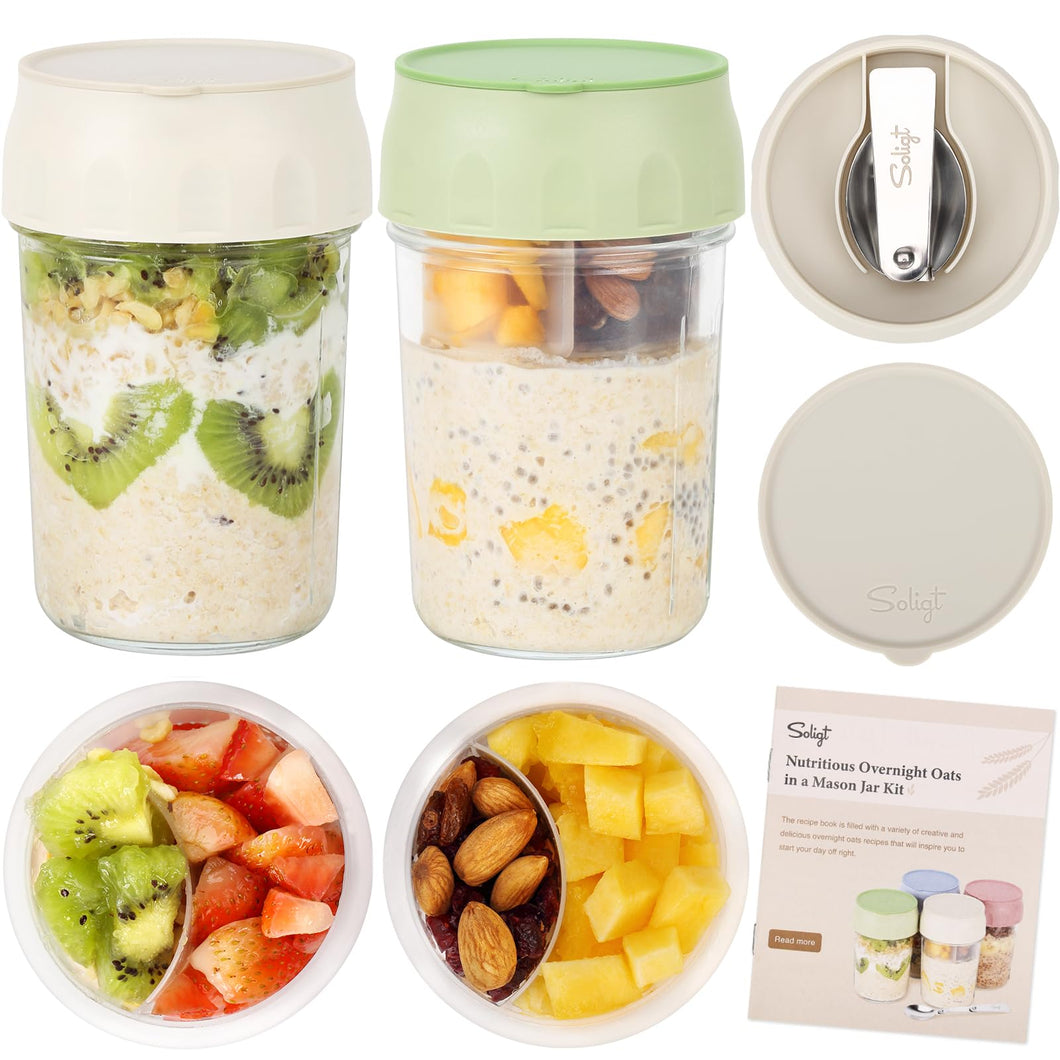 2 Pack Overnight Oats Containers with Lids Folding Spoons and Divided Compartments