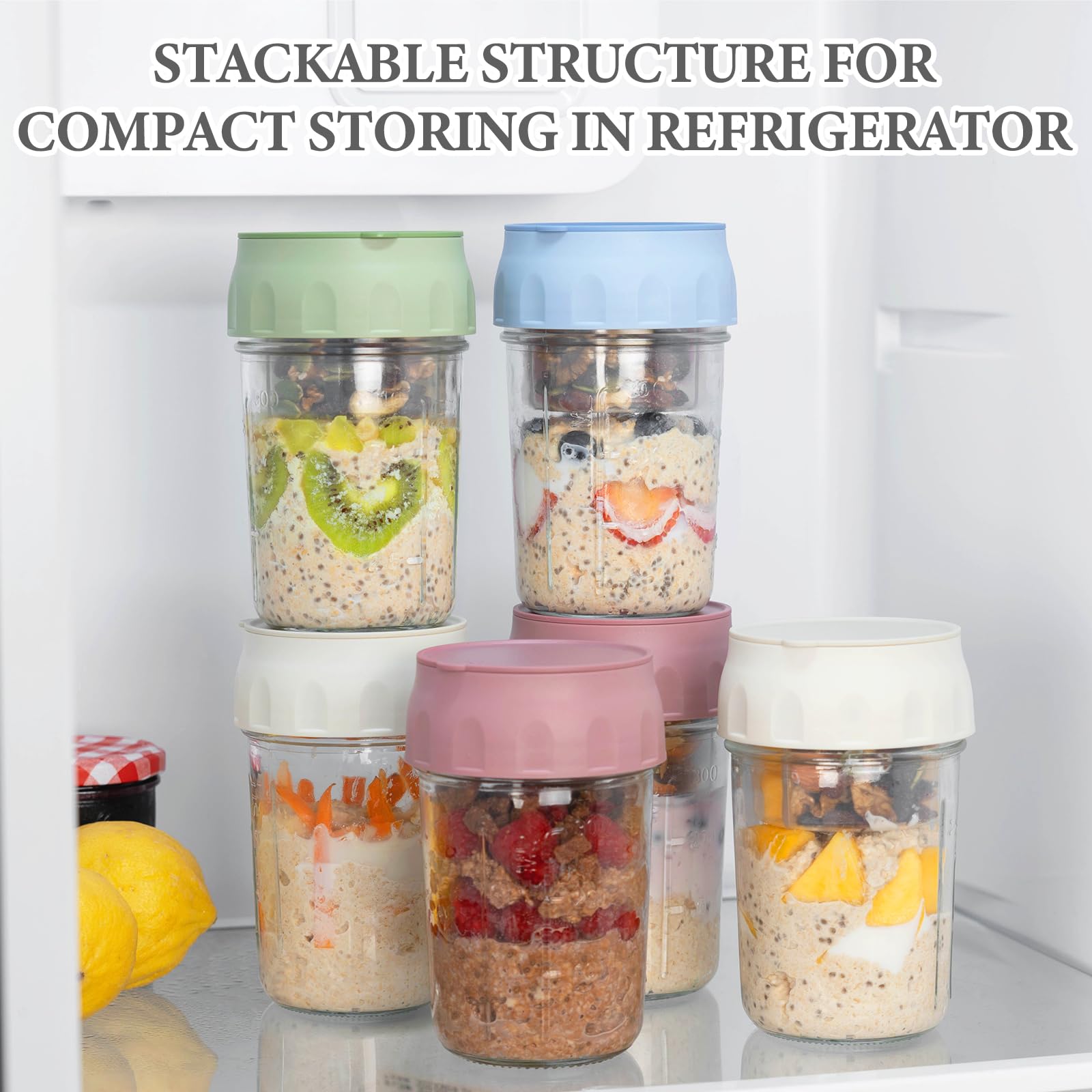 870Ml Overnight Oats potten met deksels, 4Pcs maaltijd prep potten Overnight Oats Breakfast Container Yogurt Cup herbruikbare Pp graan Containers Cup met lepel (geel blauw grijs rood
