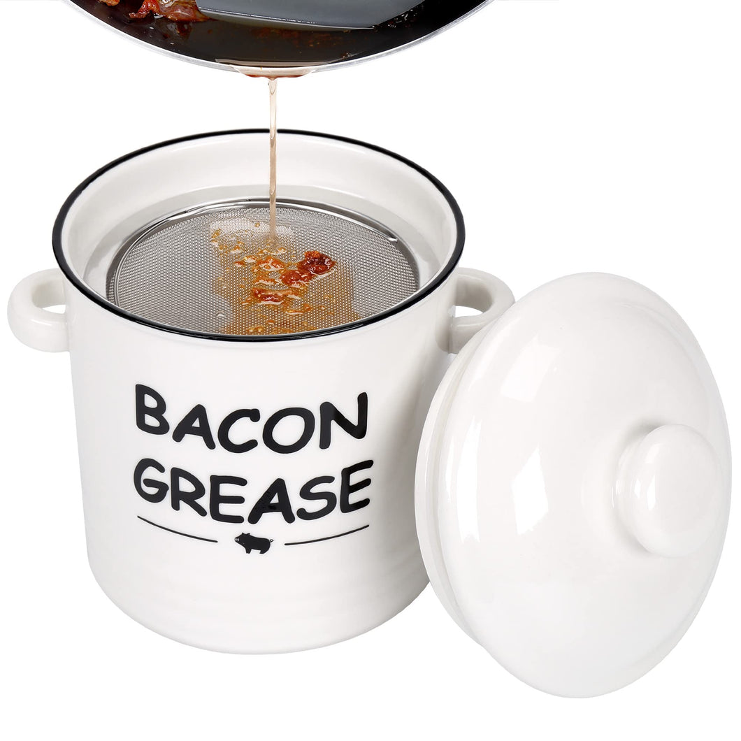 Ceramic Bacon Grease Keeper Container Strainer